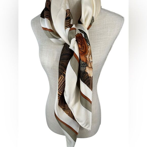 Ivory & Brown Vintage Rose Print Satin Blend Scarve - Picture 2 of 7